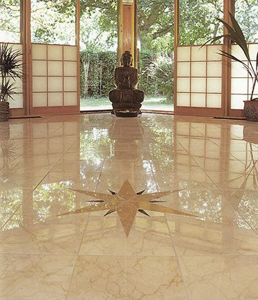 Marble tiles create a stunning sanctuary