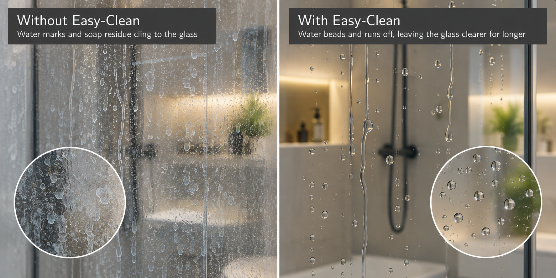 Easy-clean glass treatment comparison showing treated and untreated glass