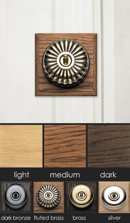 Fluted Brass Light Switch on Oak (118A)