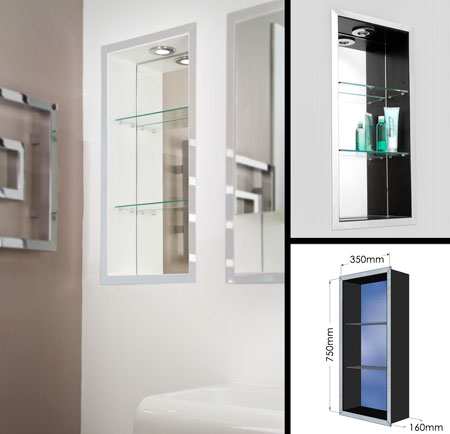Bathroom with glass shop shelves