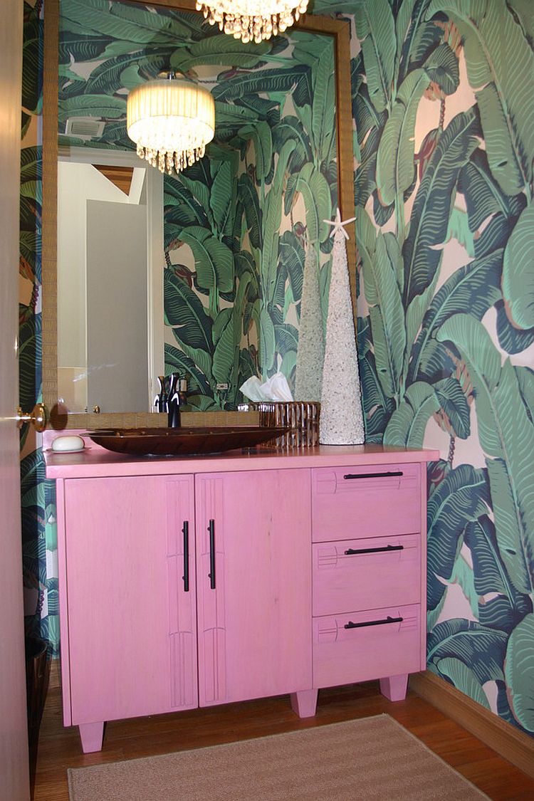 Tropical Bathroom with Pink Vanity