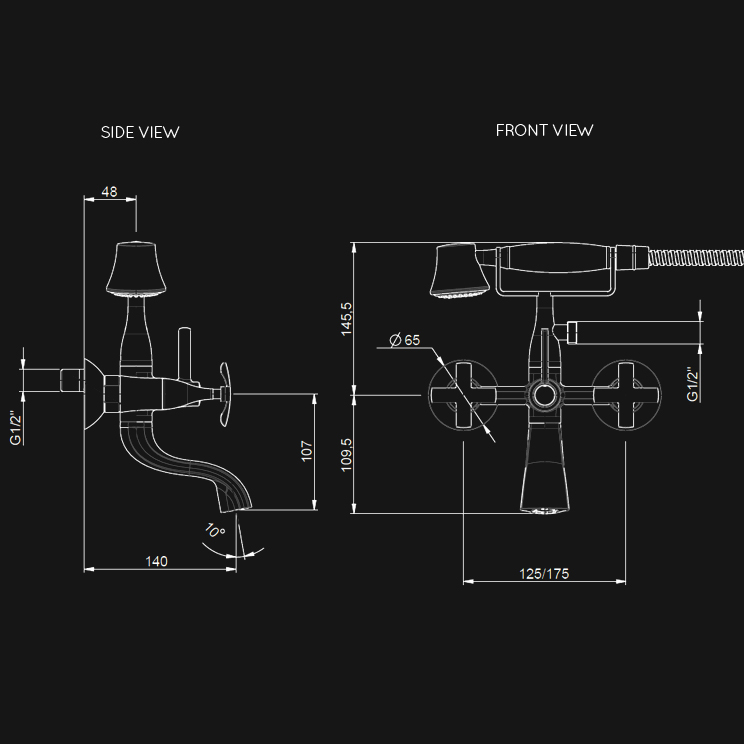 Dimensions view of Coox Bath Filler with Handheld Shower (36D)