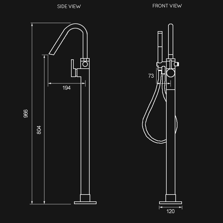 Dimensions view of Copper Freestanding Bath Shower Mixer Tap (35FF)