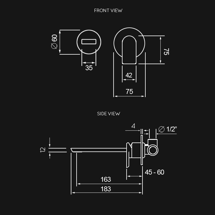 Dimensions view of Copper Wall Mounted Bath Filler (35DD)