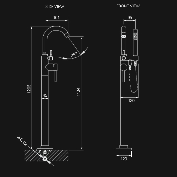 Dimensions view of Fresh Freestanding Bath Tap with Shower (47L)