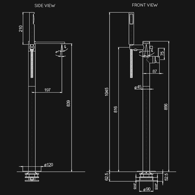 Dimensions view of Loft Freestanding Bath Shower Mixer Tap (37H)