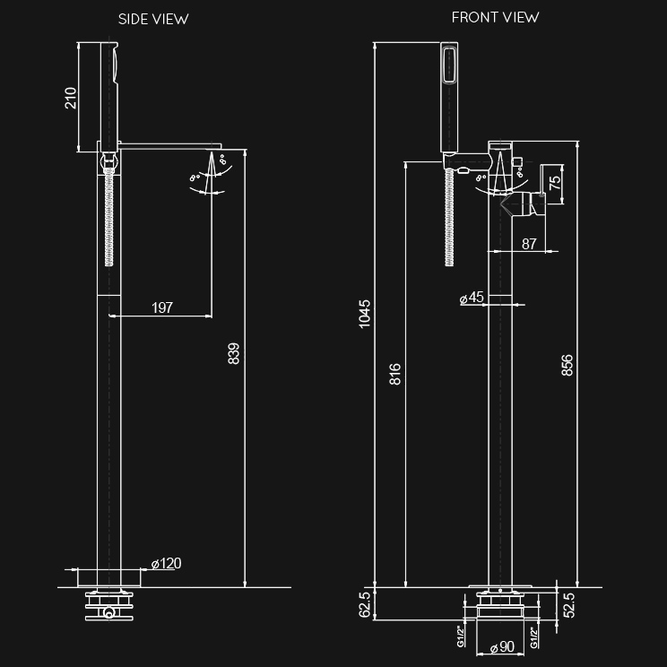 Dimensions view of Loft Freestanding Bath Shower Mixer Tap (37H)