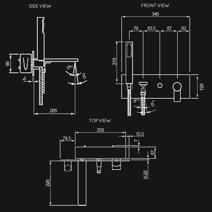Dimensions view of Loft Bath Filler with Handheld Shower (37J)