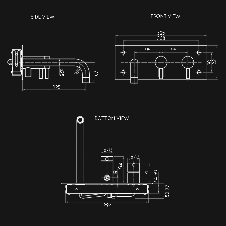 Dimensions view of Noa Stainless Steel Wall Mounted Bath & Shower Tap (49D)