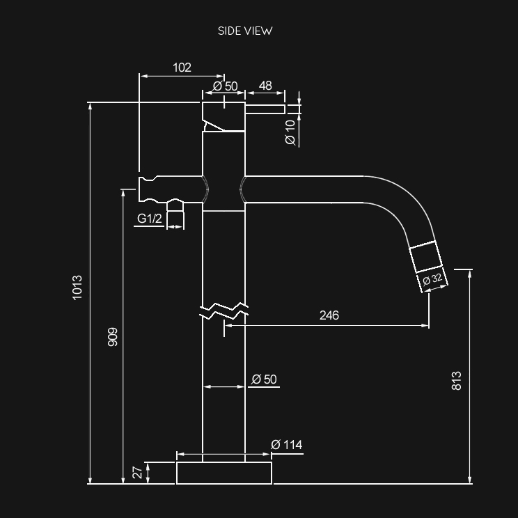 Dimensions view of Noa Stainless Steel Freestanding Bath Tap (49F)