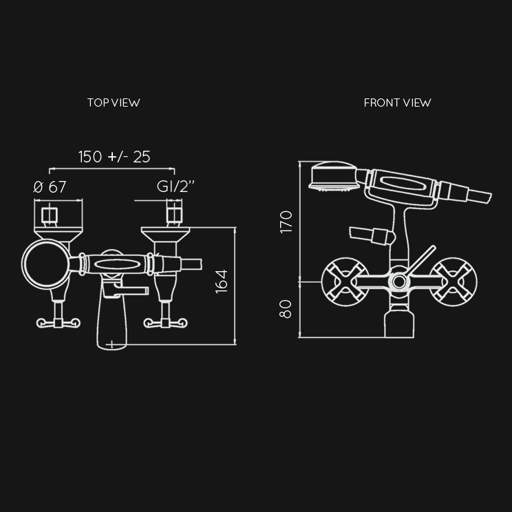 Dimensions view of Piccadilly Bath Filler Tap with Shower Mixer (40DD)