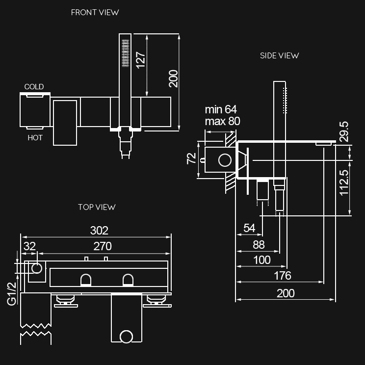 Dimensions view of Slimm Stainless Steel Wall Mounted Bath Tap & Shower (49EE)