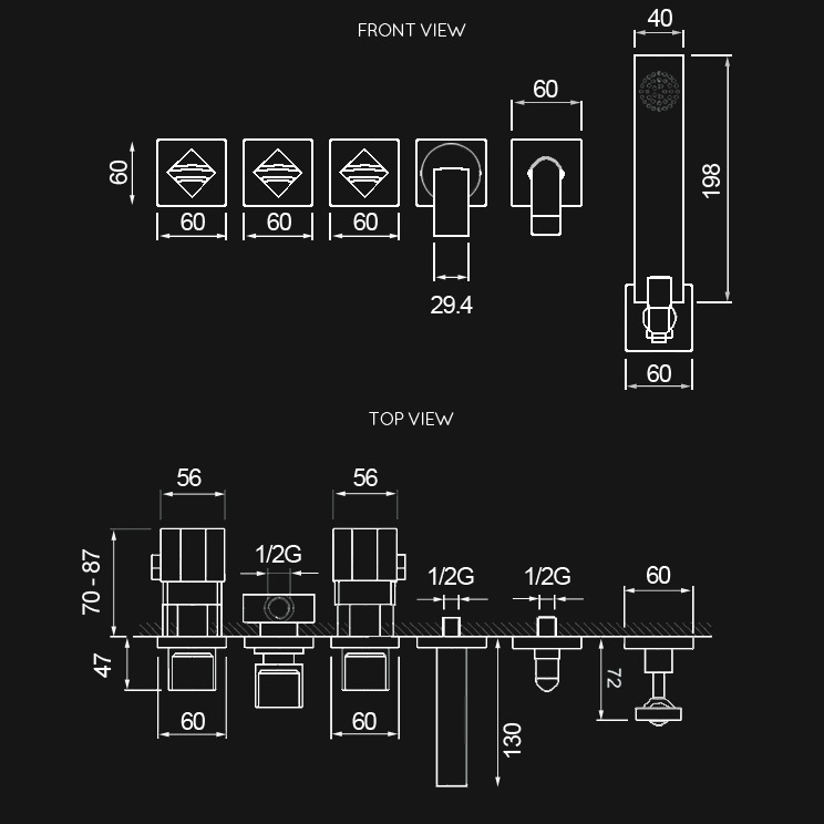 Dimensions view of Torino Wall Mounted Bath Tap with Shower (42E)