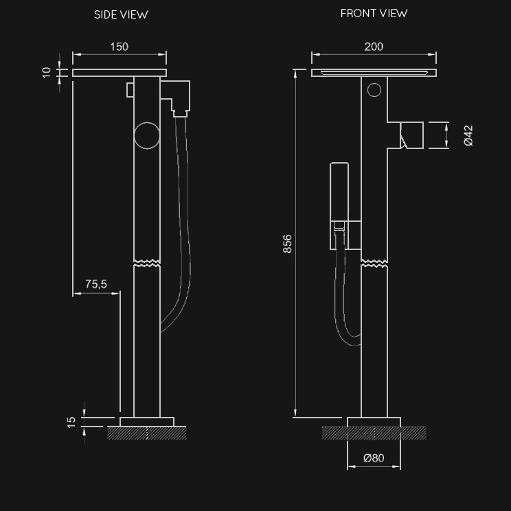 Dimensions view of Waterblade Freestanding Waterfall Bath Tap (38G)