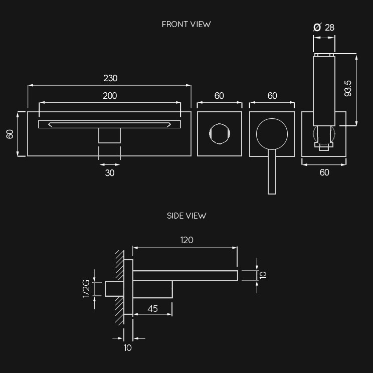 Dimensions view of Waterblade Waterfall Bath Tap with Shower (38D)